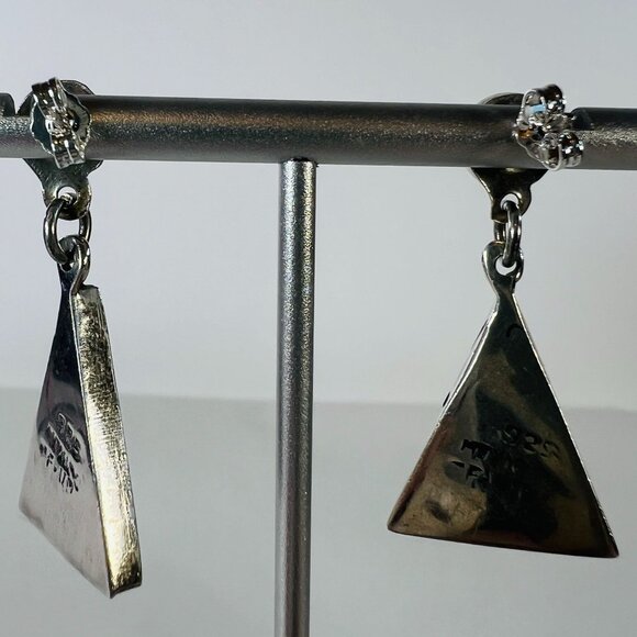 Vtg 925 Silver Crushed Malachite Onyx Inlay Triangle Drop Dangle Earrings Mexico - Picture 8 of 9